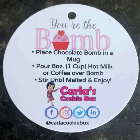 COCOA BOMBS tag front Carlas Cookie Box