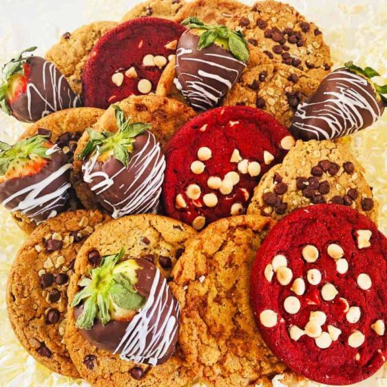 Gourmet Valentine’s Day Cookie Box Including Red Velvet Gourmet Cookies, Gourmet Toffee Cookies, Gourmet Chocolate Chip Cookies, Gourmet M &Amp; M Cookies, Gourmet Reese Cookies, Gourmet Oatmeal Chocolate Chip Cookies