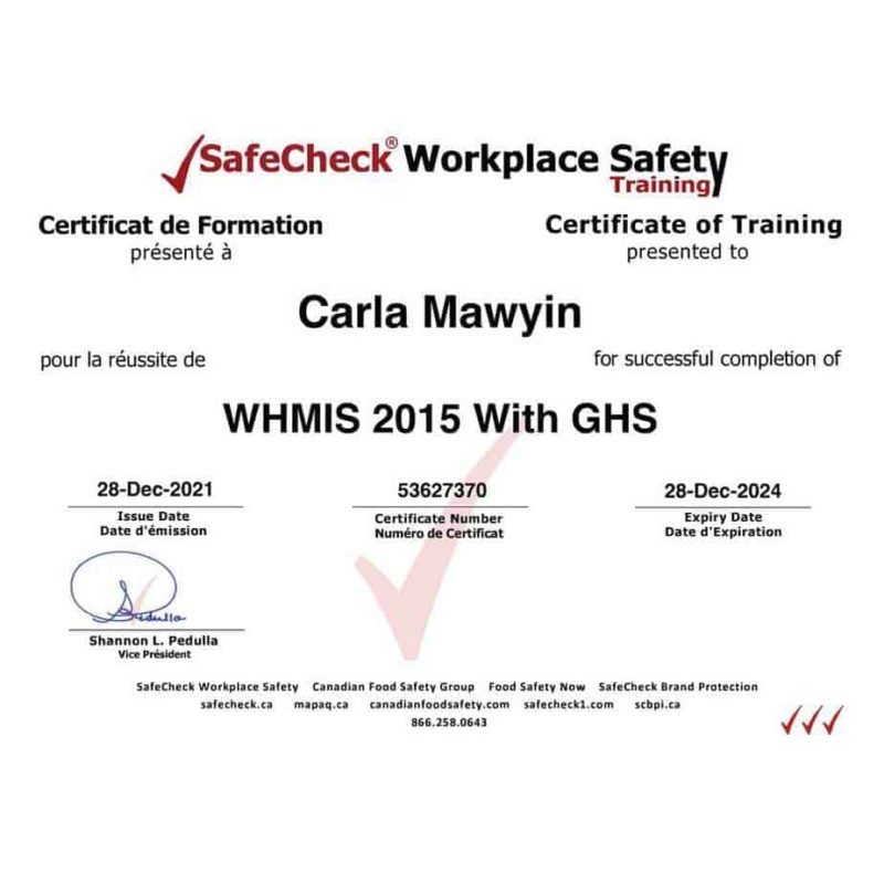 WHMIS Safety Certified
